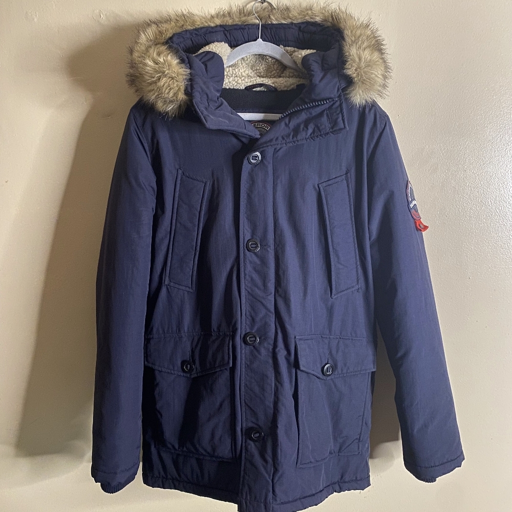 Superdry Faux Fur Navy Everest Hooded Parka Warm Winter Jacket Men's LARGE